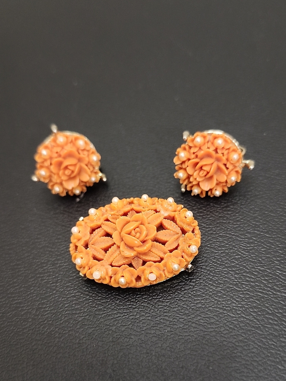 Vintage Signed CORO Faux Coral Celluloid Rose Brooch & Earring Set 50s Retro